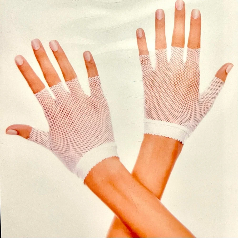 White Fingerless Fishnet Nylon Net Gloves 80s Rave Festival New in Package